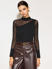 Mock Neck Sheer Mesh-Detail Long Sleeve T-Shirt