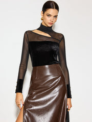 Semi-Sheer Stand Collar Cutout Mesh-Detail Velvet Top
