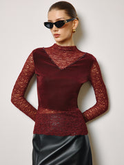Semi-Sheer Rhinestone Velvet Panel Lace Slim Top