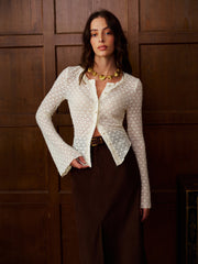 Semi-Sheer Bell Sleeve Button Down Slim Blouse