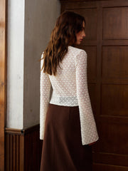 Semi-Sheer Bell Sleeve Button Down Slim Blouse