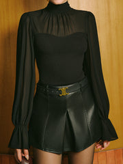 Semi-Sheer Chiffon Pleated Tie Neck Panel Blouse