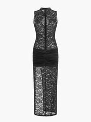 Sheer Lace Keyhole Cut-Out Dress With Ruched Design
