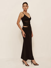 Semi-Sheer Low V-Neck Asymmetrical Ruched Dress