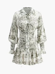 Drawstring Front Floral Puff Sleeve Dress