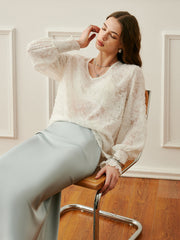 Semi-Sheer V-Neck Lantern Sleeve Embroidered Top