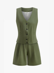 V-Neck Buttoned Shorts Set With Belt