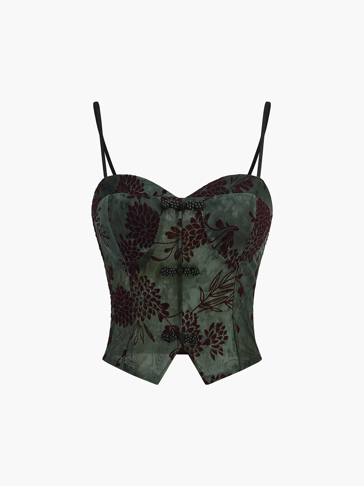 Semi-Sheer Button Detail Velvet Floral Cami Top