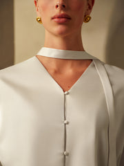 V-Neck Satin Pleated Blouse With Ribbon