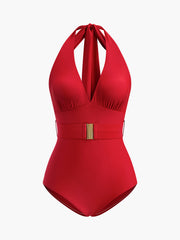 Halter Neck Belted One-Piece Swimsuit