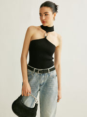 Ring Detail Ribbed Halter Top