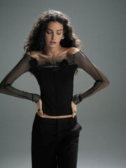 3D Flower Off-Shoulder Sheer Mesh Panel T-Shirt