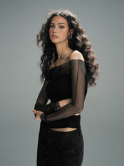 3D Flower Off-Shoulder Sheer Mesh Panel T-Shirt