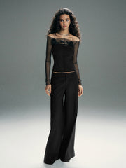 3D Flower Off-Shoulder Sheer Mesh Panel T-Shirt