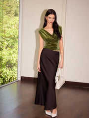 Velvet Pleated Cinched Waist Crop Tank Top