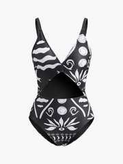Printed Cutout V-Neck One-Piece Swimsuit