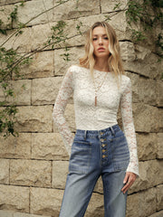 Semi-Sheer Floral Lace Long-Sleeve Top