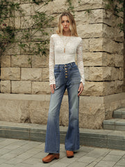 Button Detail High-Waisted Flared Denim Pants