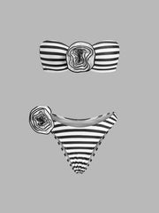 Striped Floral Detail Bandeau Bikini Set
