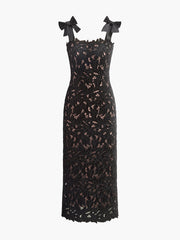 Floral Jacquard  Bow Straps Dress