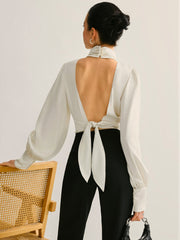 Backless Side Pleated Satin Blouse