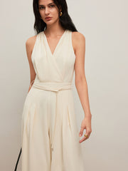 Back Button Halter Jumpsuit With Belted Waist