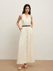 Back Button Halter Jumpsuit With Belted Waist