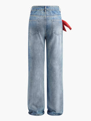 Mid-Waist Bow-Decor Denim Jeans