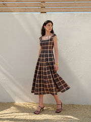 Square Neck Sleeveless Pleated Plaid Dress