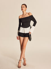 Bold Contrast Off-Shoulder Straight Neck Blouse