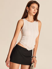 Semi-Sheer Asymmetrical Hem Sleeveless Lace Top