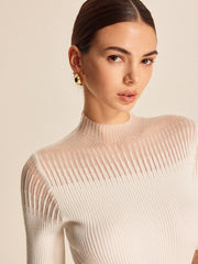 Sheer Ribbed Mock Neck Top