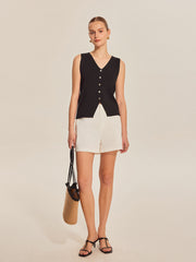 Sleeveless Ribbed Knit Button-Up Top