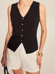 Sleeveless Ribbed Knit Button-Up Top