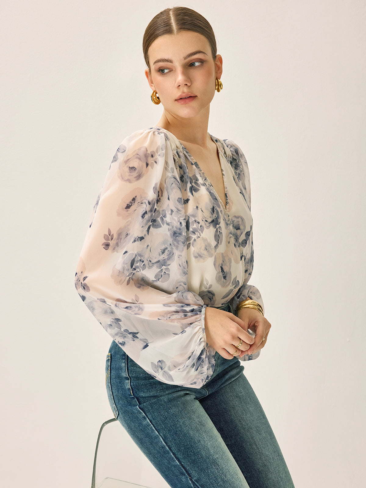Semi-Sheer Chiffon Floral V-Neck Balloon Sleeve Blouse