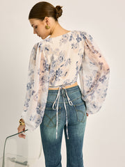 Semi-Sheer Chiffon Floral V-Neck Balloon Sleeve Blouse