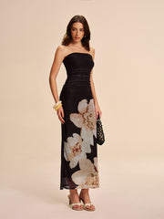 Semi-Sheer Strapless Ruched Floral Mesh Dress