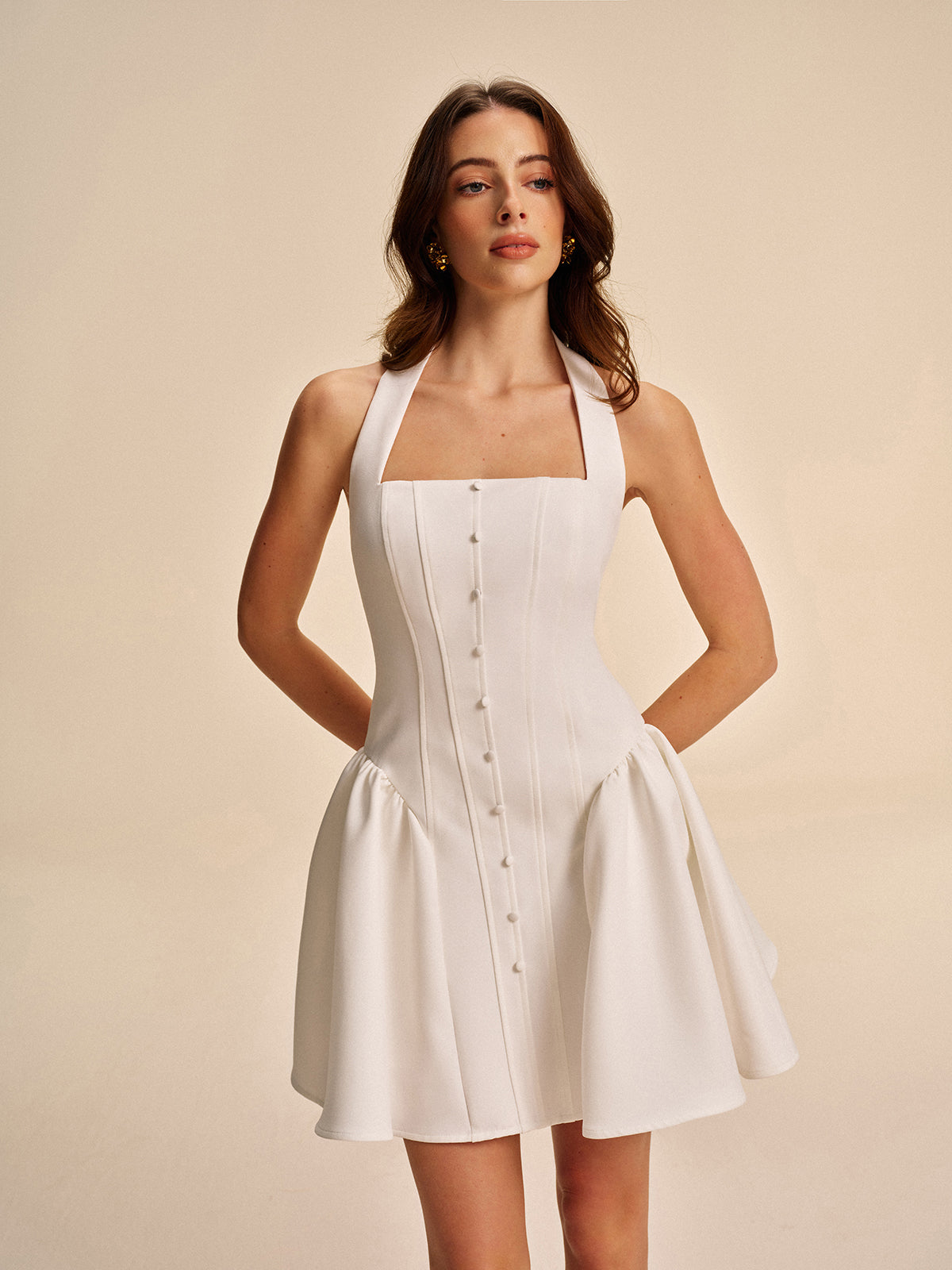 Button Detail Halter Dress