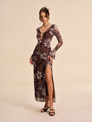 Semi-Sheer Mesh Floral Cutout Slit Dress