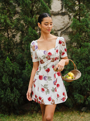 Fruit Print Button-Front Puff Sleeve Dress