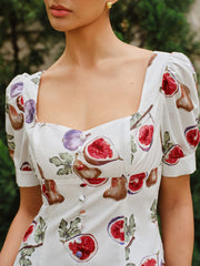 Fruit Print Button-Front Puff Sleeve Dress