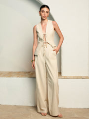 Cotton & Linen Pearl-Tie Mid-Waisted Pants
