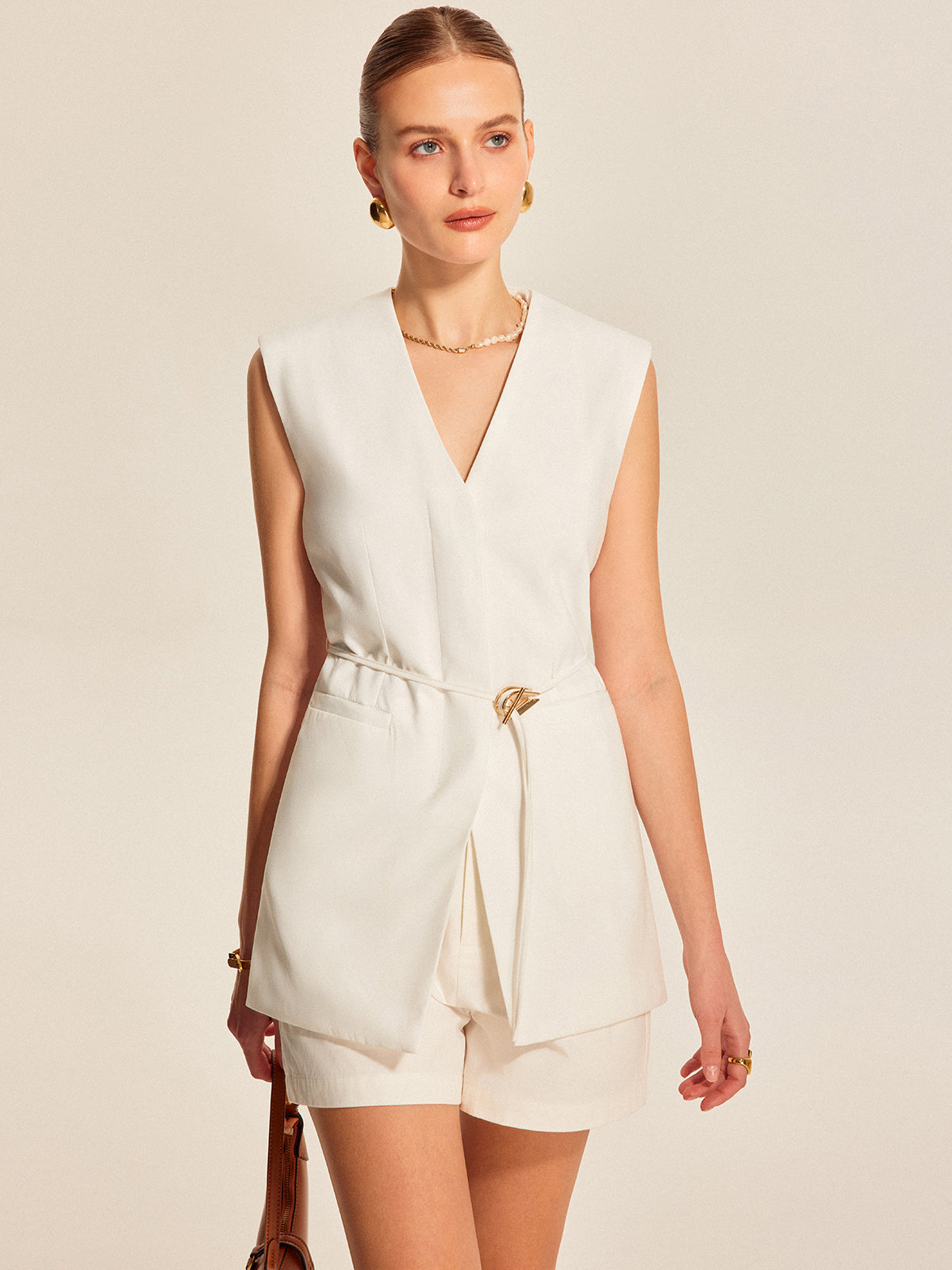 Belted V-Neck Sleeveless Vest