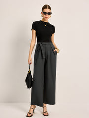 Mid-Waist Tie Belt Pants With Pockets