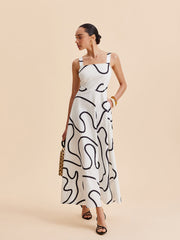 Abstract Line Print Square Strap Dress