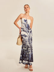 Print Tie Halter Strapless Dress