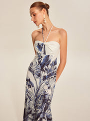Print Tie Halter Strapless Dress