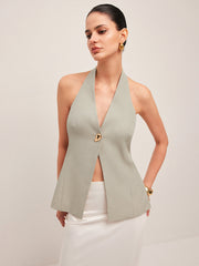 Halter Neck Metal Button Detail Backless Vest