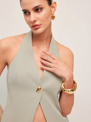 Halter Neck Metal Button Detail Backless Vest
