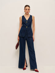 Front-Slit High-Waisted Denim Pants